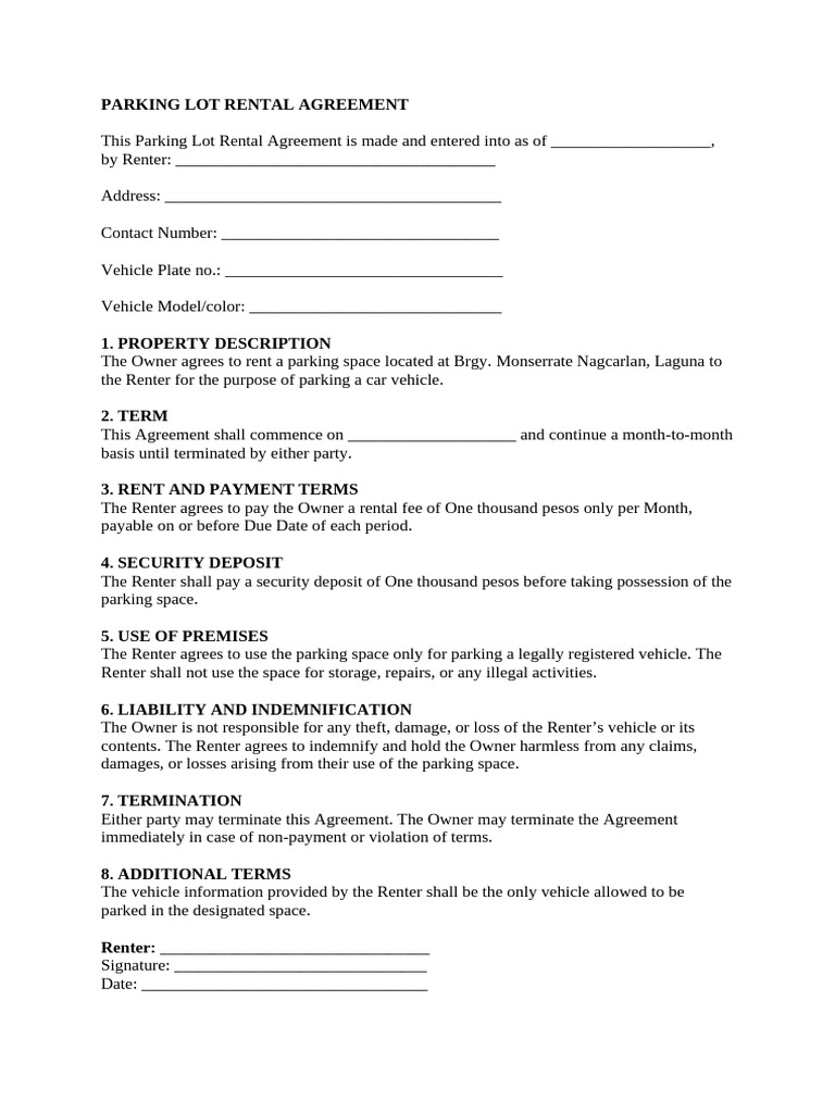 PARKING LOT RENTAL AGREEMENT | PDF