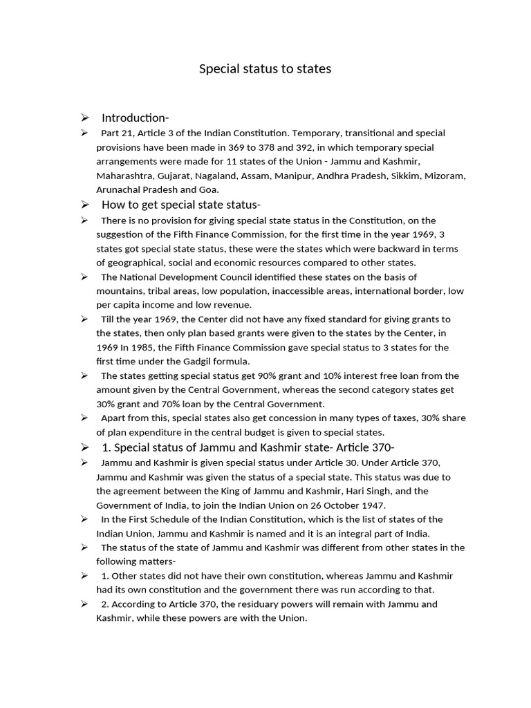 Special Status to States | PDF | Governance | Government