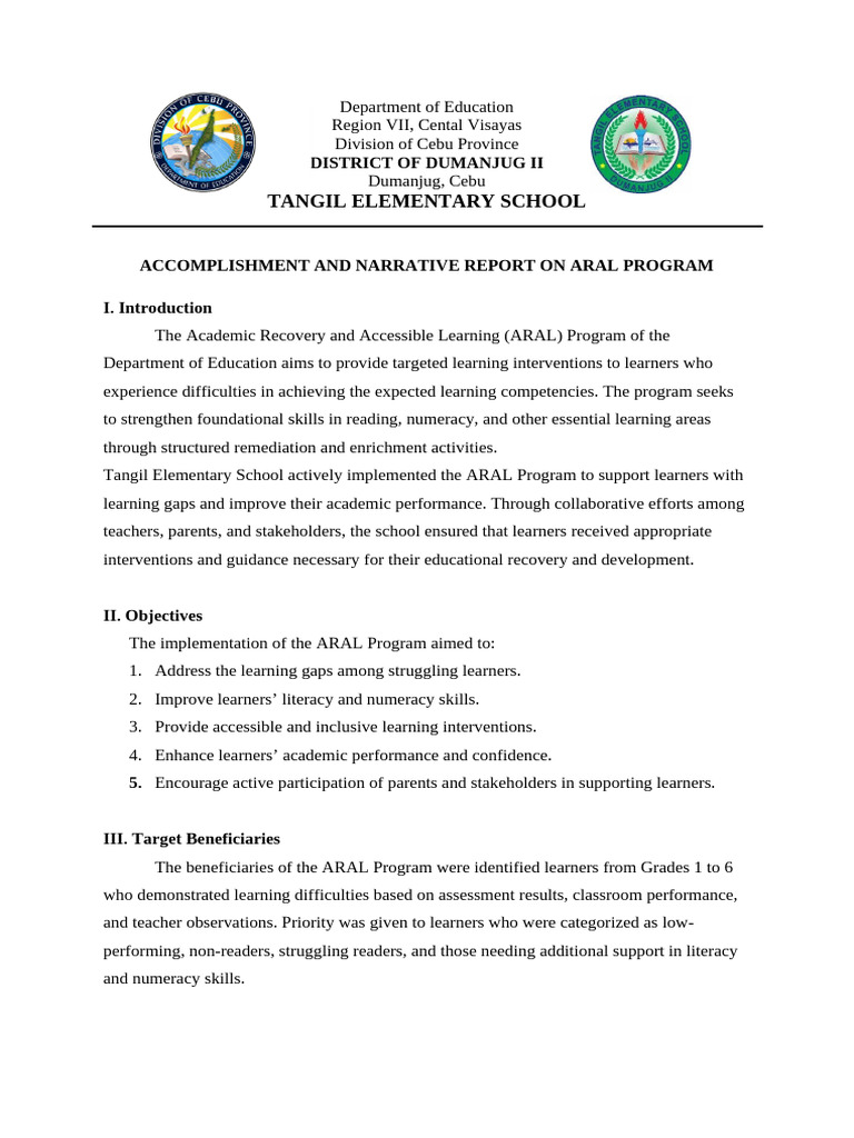 Aral Program Narrative Report 2025-2026 | PDF | Teachers | Learning