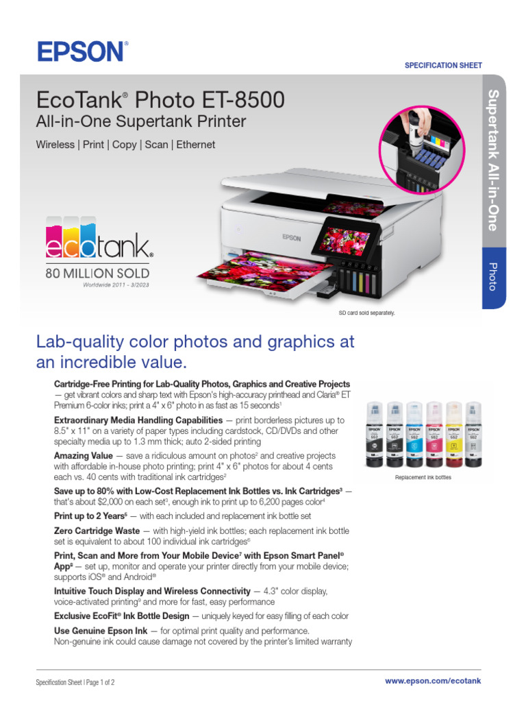 EcoTank ET-8500 Printer Specification Sheet CPD-59931R5 | PDF | Image ...