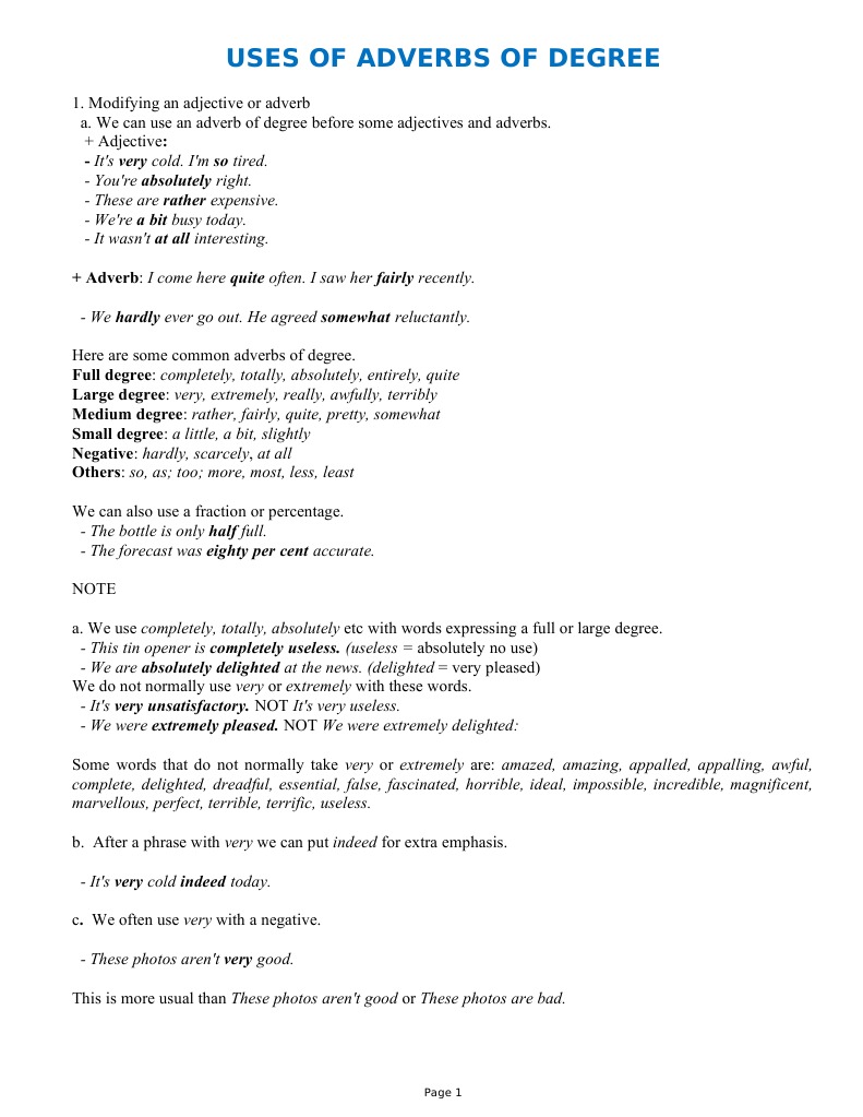 Adverbs of Degree: Usage and Exercises | PDF | Adverb | Adjective