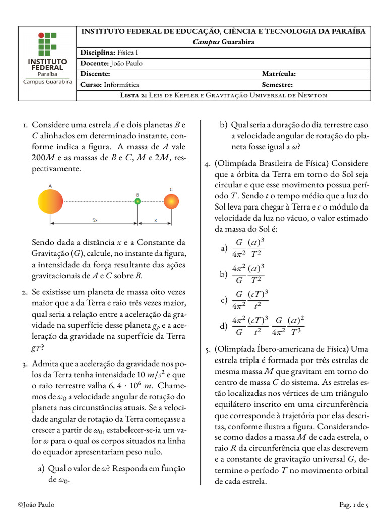 Lista de Exercícios - Gravitação Universal | PDF | Gravidade | Massa