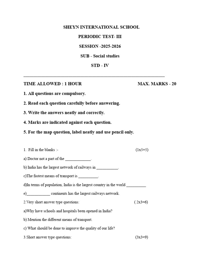 Class 4 SST Question Paper New | PDF