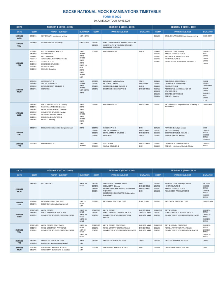 Bgcse National Mock Exam Timetable 2026 | PDF | Science