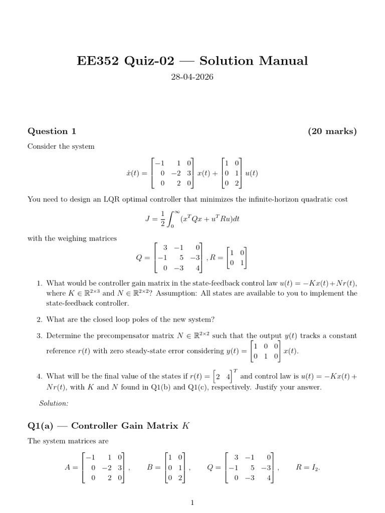 EE352 Quiz 02 Solution | PDF | Matrix (Mathematics) | Algebra