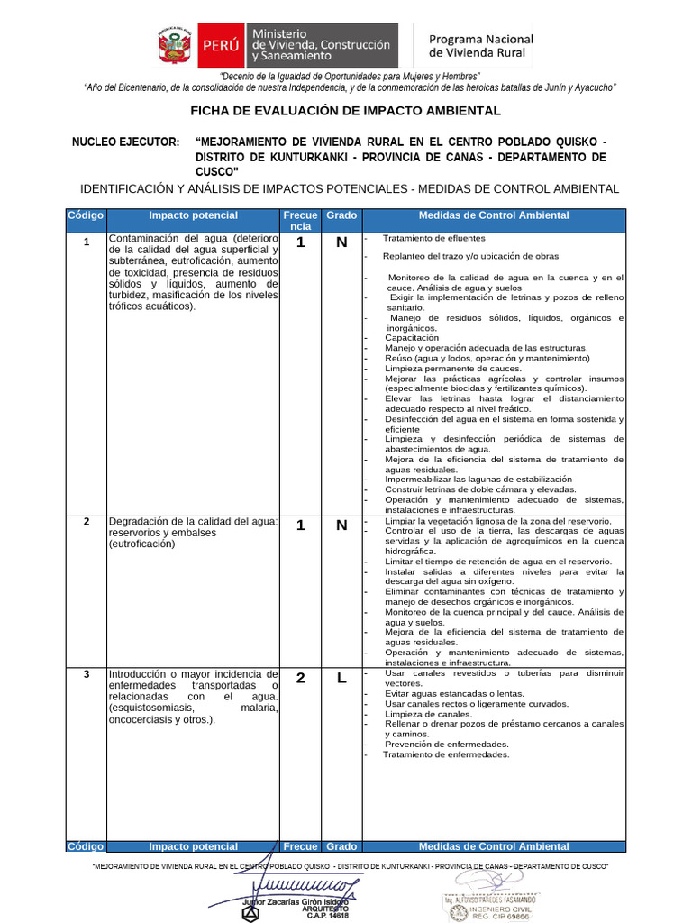 Ficha de Evaluación de Impacto Ambiental - CC - PP Quisko | PDF ...