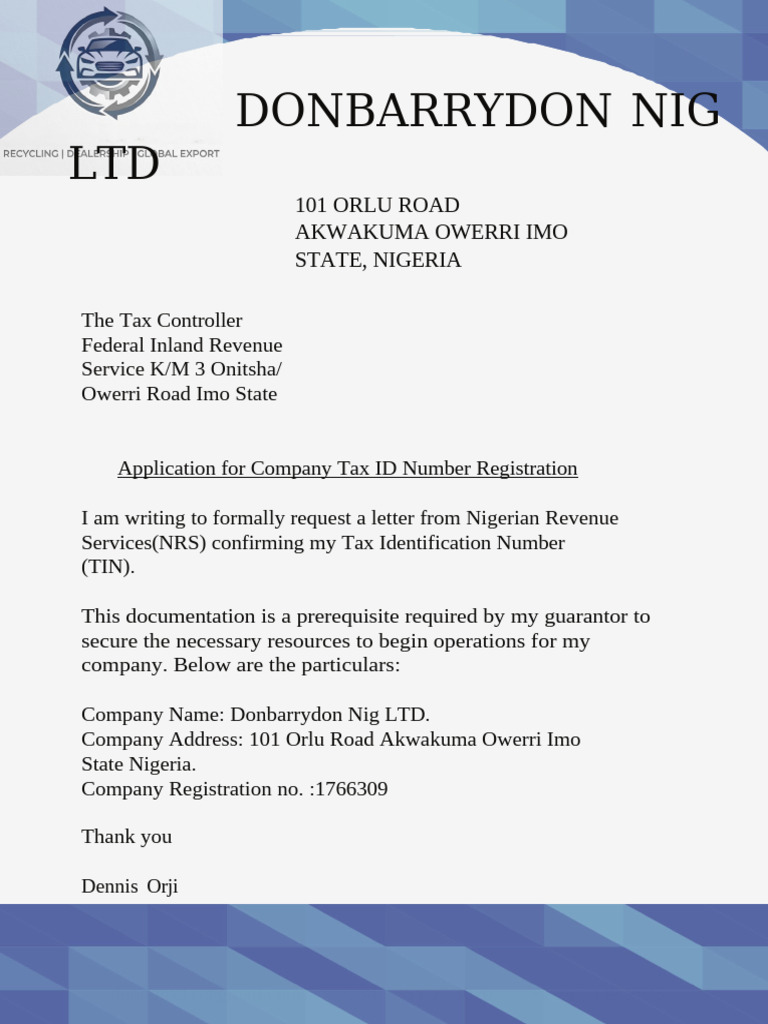 Application Letter for the TIN Registration From FIRS | PDF