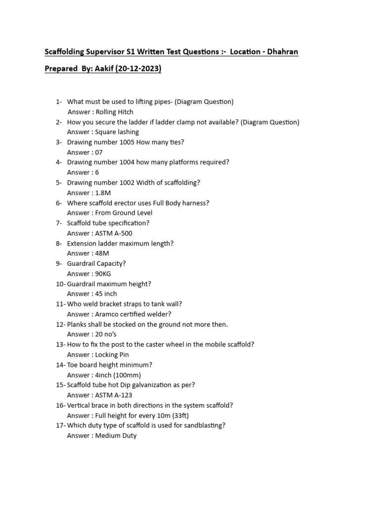 Scaffolding Written Test Questions-Aakif (20!12!2023) | PDF | Scaffolding
