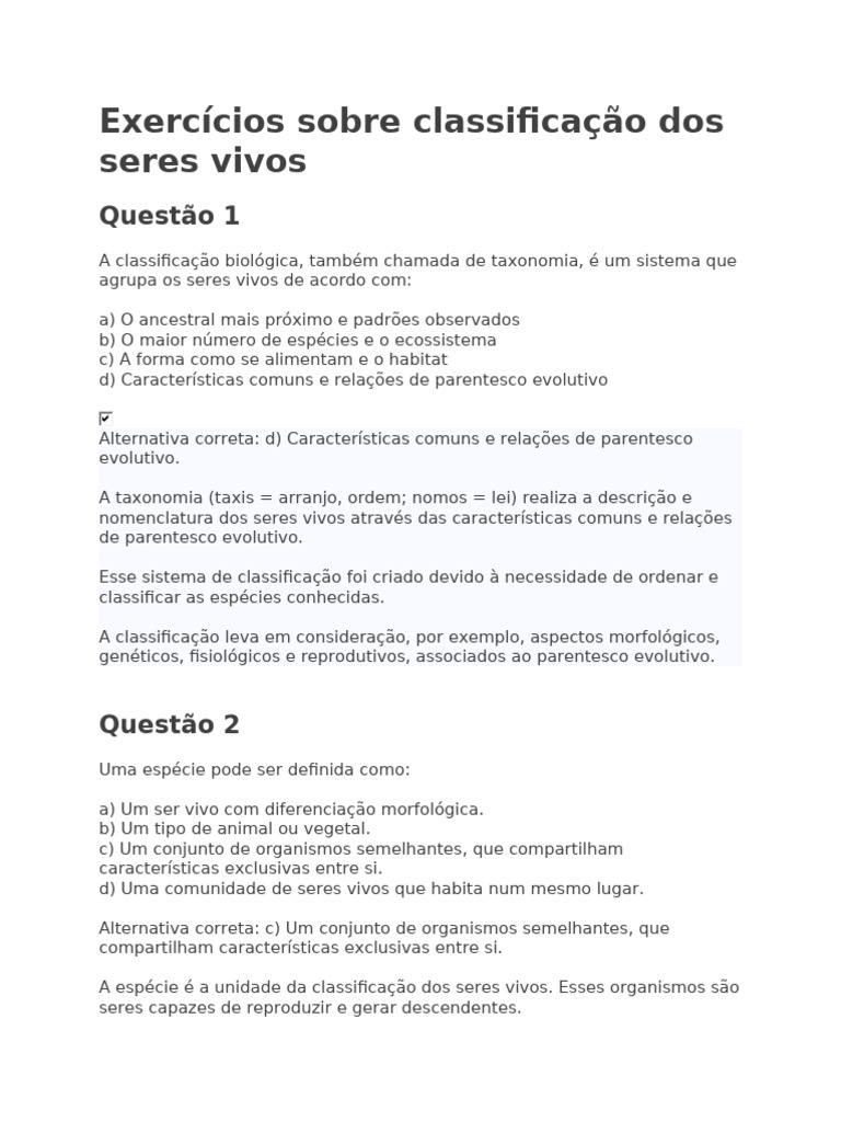 Exercícios Sobre Classificação Dos Seres Vivos | PDF | Célula (Biologia ...