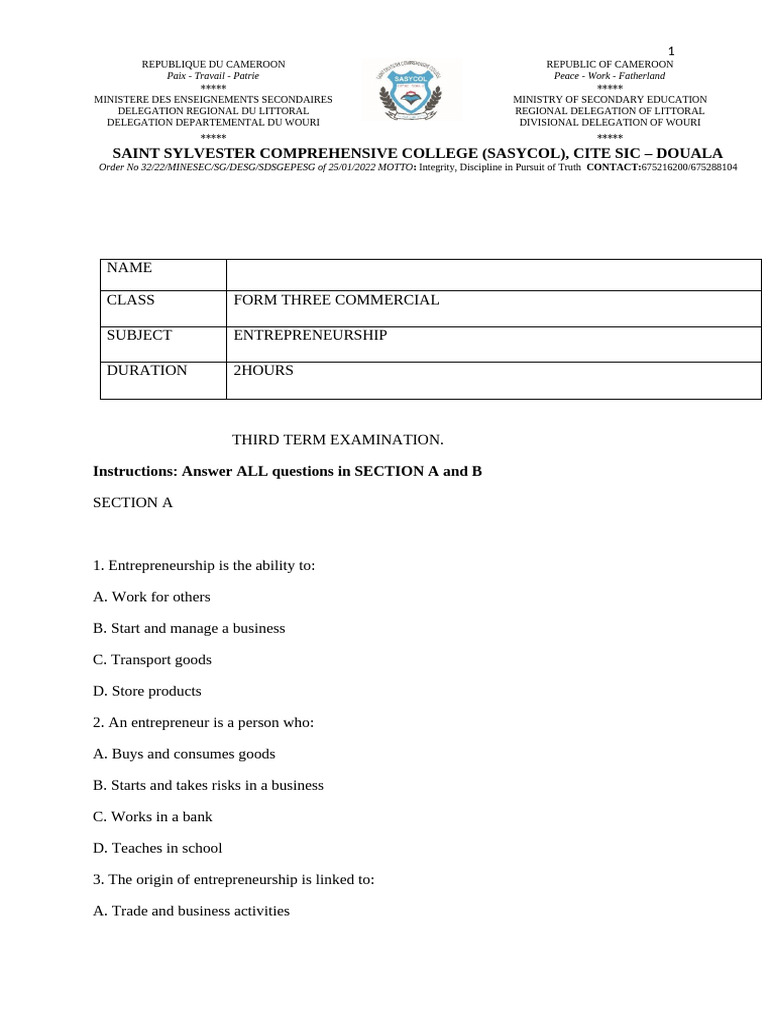 Ent Form Three Commercial Third Term Examination | PDF ...