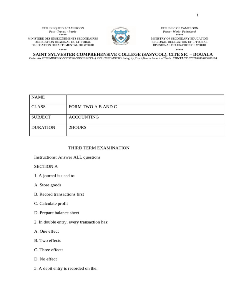 Acc Form Two a b and c Third Term Examination | PDF | Debits And ...