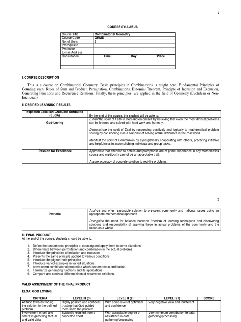 Combinatorial Geometry Course Outline PDF Recurrence Relation Combinatorics