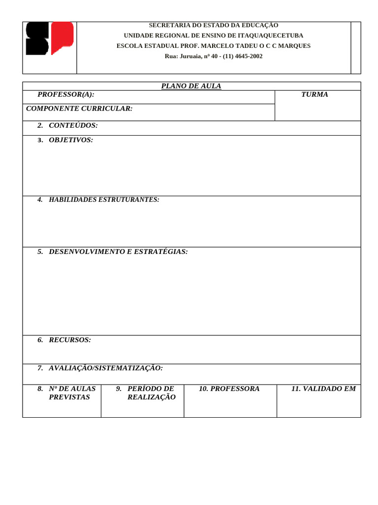 Plano de Aulas 2026 em Branco | PDF