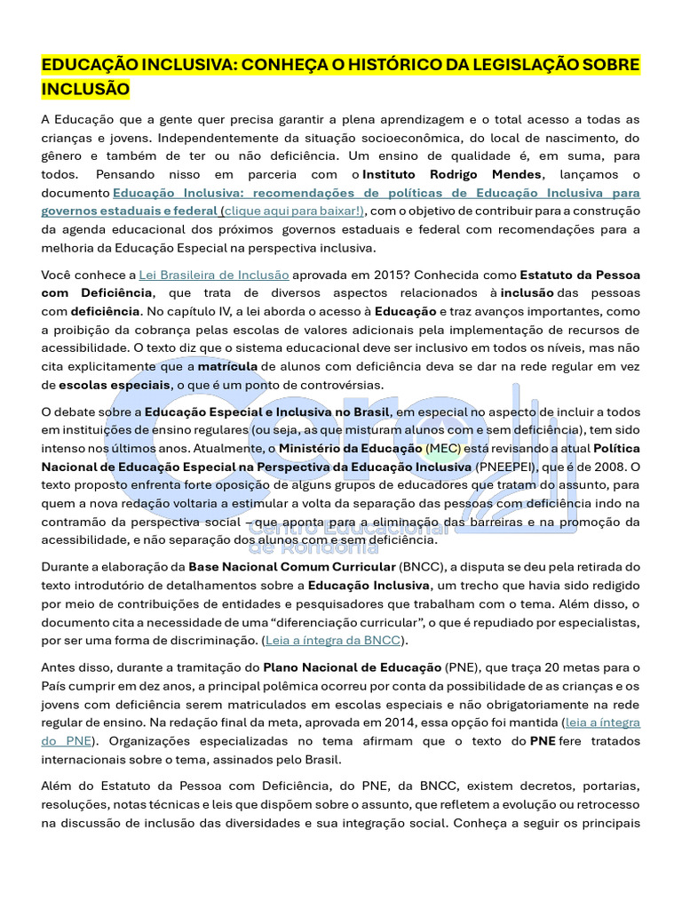 o Histórico Da Legislação Sobre Inclusão | PDF | Educação Especial ...