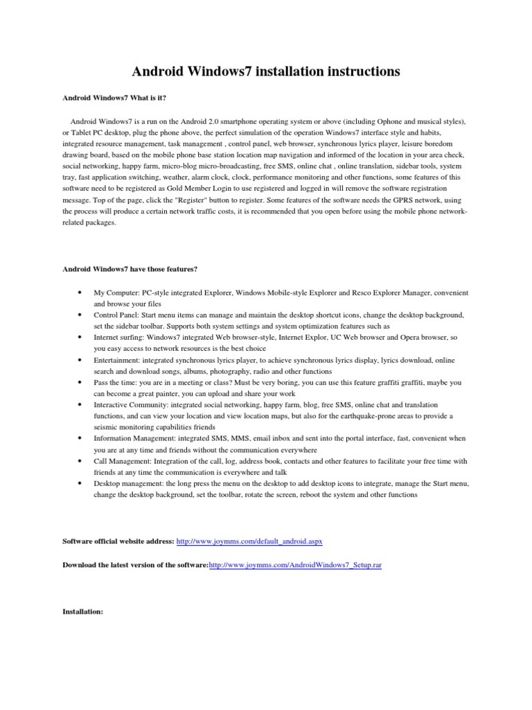 Android Windows7 Installation Instructions PDF Android (Operating