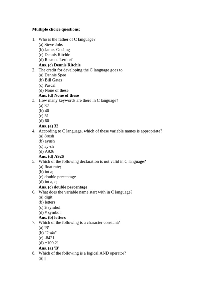 Multiple Choice Questions | PDF | Integer (Computer Science) | Software ...