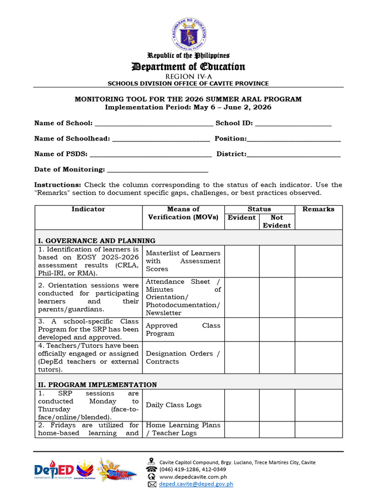 Monitoring Tool For Summer Aral Program 2026 | PDF