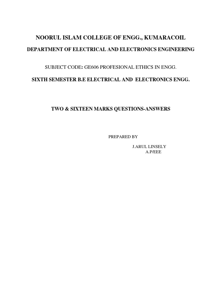 GE606 Professional Ethics in Engineering-2 Marks and 16 Marks | PDF ...