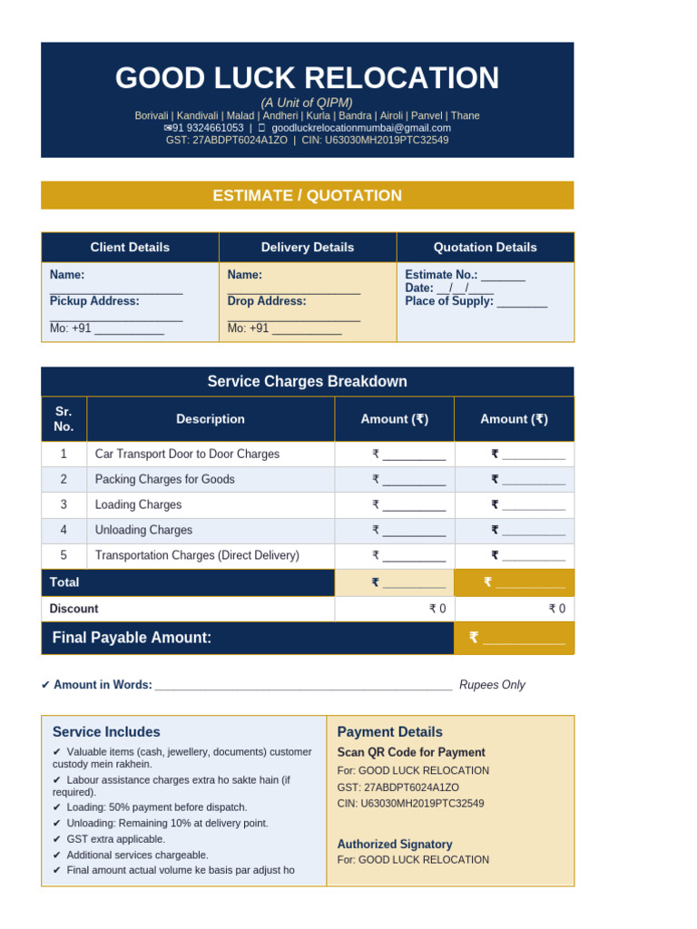 GoodLuck Relocation Quotation | PDF | Rupee | Payments