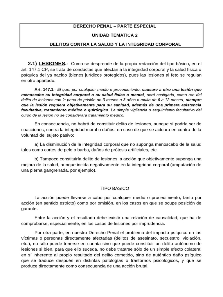 Unidad Tematica 2 - Delitos Contra La Salud y La Integridad Corporal ...