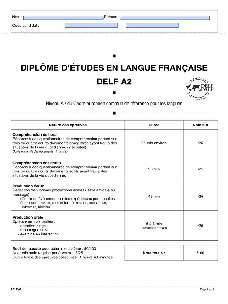 DELF A2 Fillable Worksheet | PDF