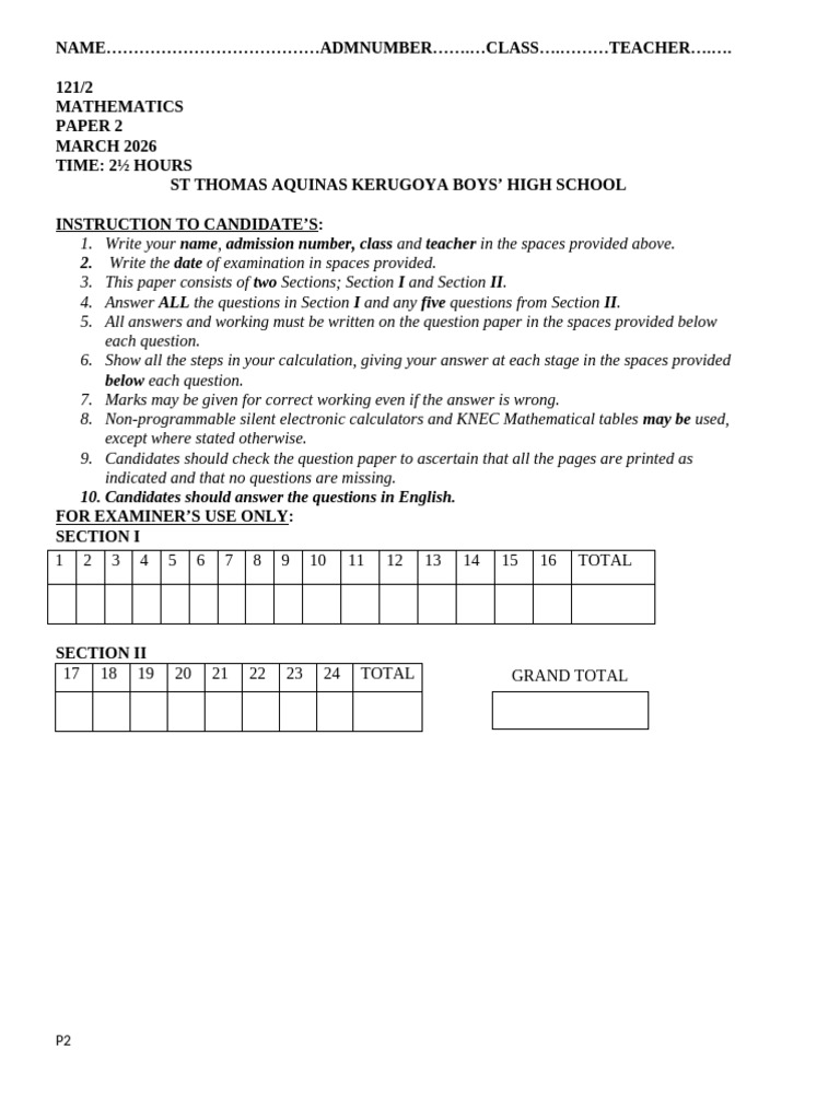 f4 Mathematics Paper 2 End Term1 | PDF | Area | Mathematics