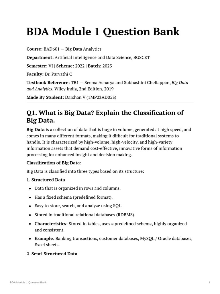 BDA Module 1 Question Bank | PDF | Apache Hadoop | Apache Spark