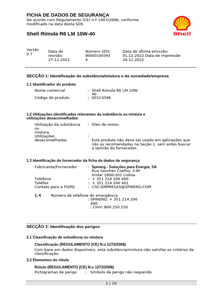 Fispq 10w40 Shell Rimula | PDF | Desperdício | Toxicidade