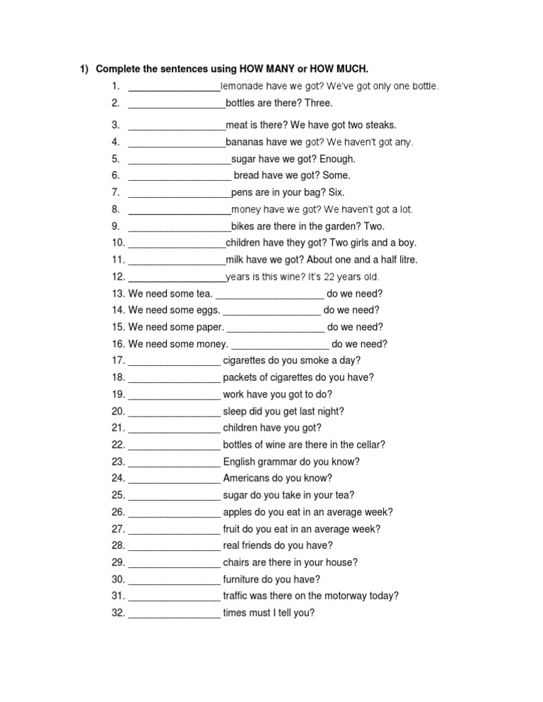 Complete The Sentences Using HOW MANY or HOW MUCH | PDF | Alcoholic