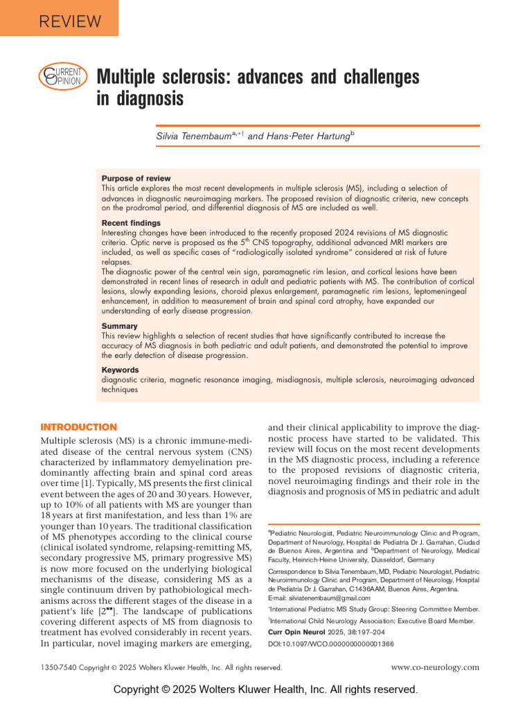 Multiple Sclerosis: Advances and Challenges in Diagnosis | PDF ...