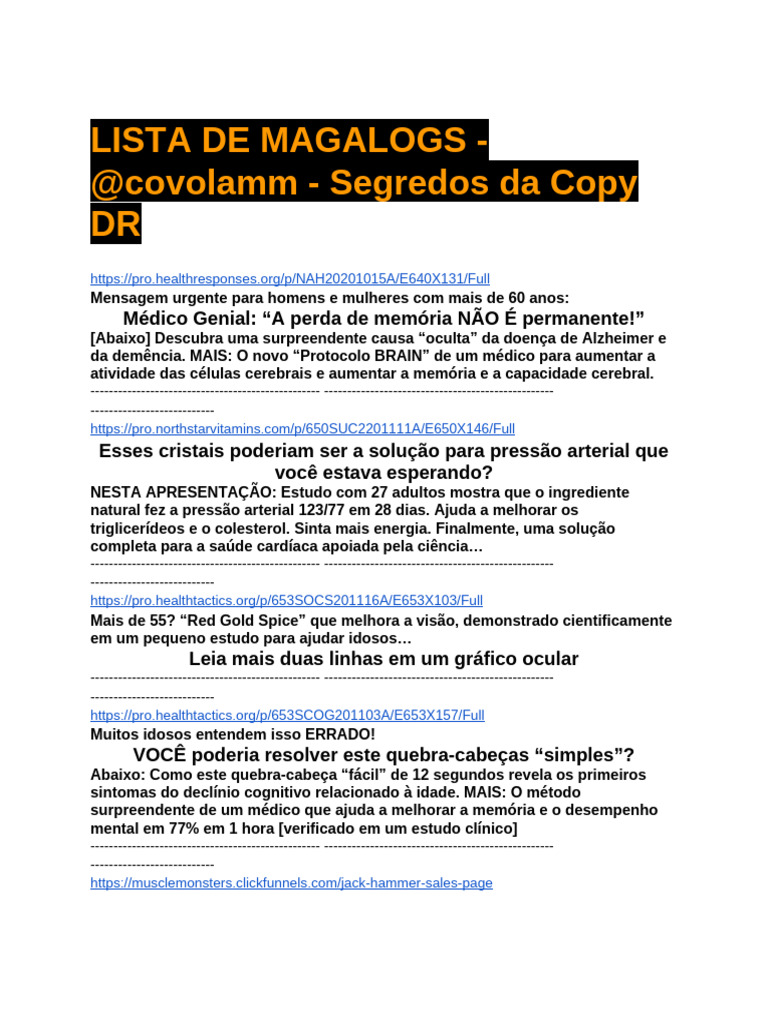 LISTA de MAGALOGS - @covolamm - Segredos Da Copy DR | PDF | Demência | Dor