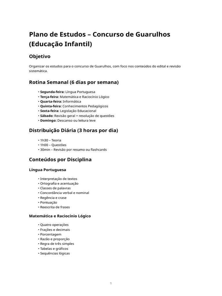 Plano de Estudos - Concurso Guarulhos Educação Infantil | PDF