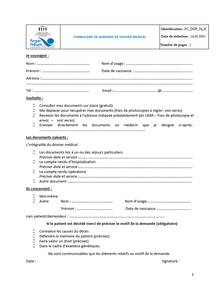 FC - DDP - 004 - E - Formulaire de Demande de Dossier Médical | PDF ...