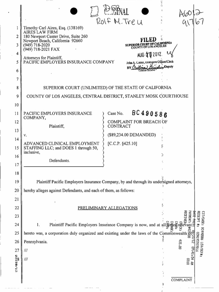 PACIFIC EMPLOYERS INSURANCE COMPANY v. ADVANCED CLINICAL