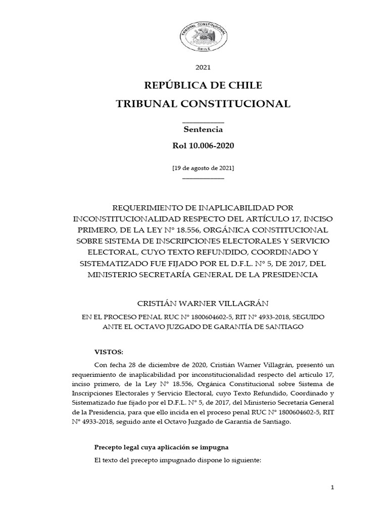 STC Rol n. 10006 2020 INA Declara Inaplicable Art. 17 Inc. 1. Ley n. 18 ...