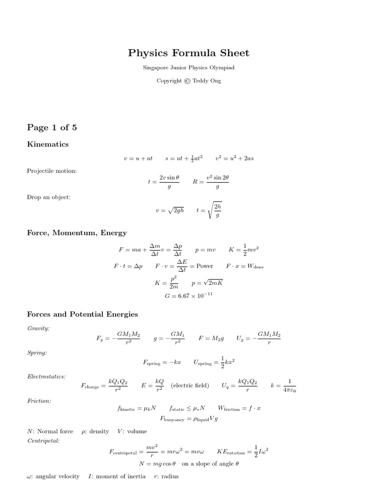 Physics Formula Sheet | PDF | Angular Momentum | Heat