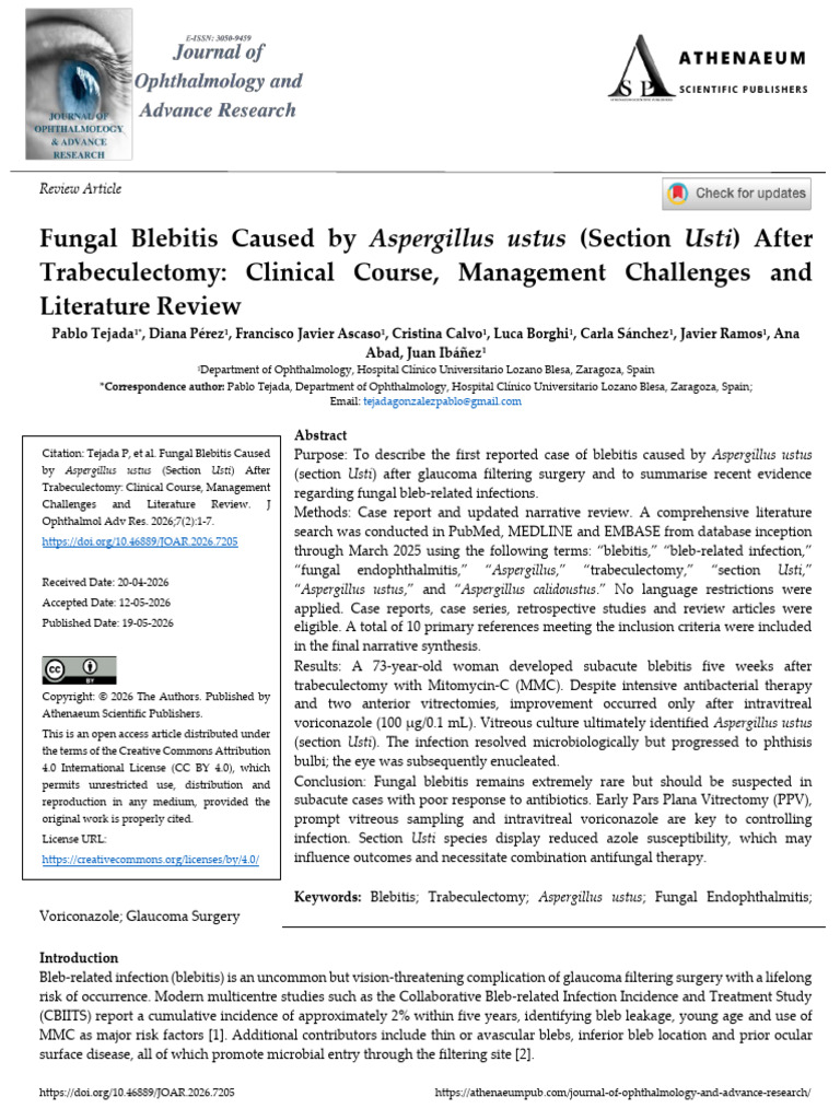 Fungal Blebitis Caused by Aspergillus Ustus Section Usti After ...