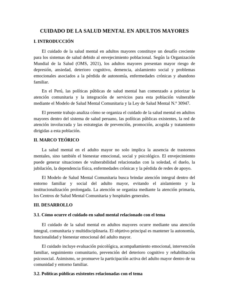 Cuidado Salud Mental Adultos Mayores | PDF | Salud mental | Vejez