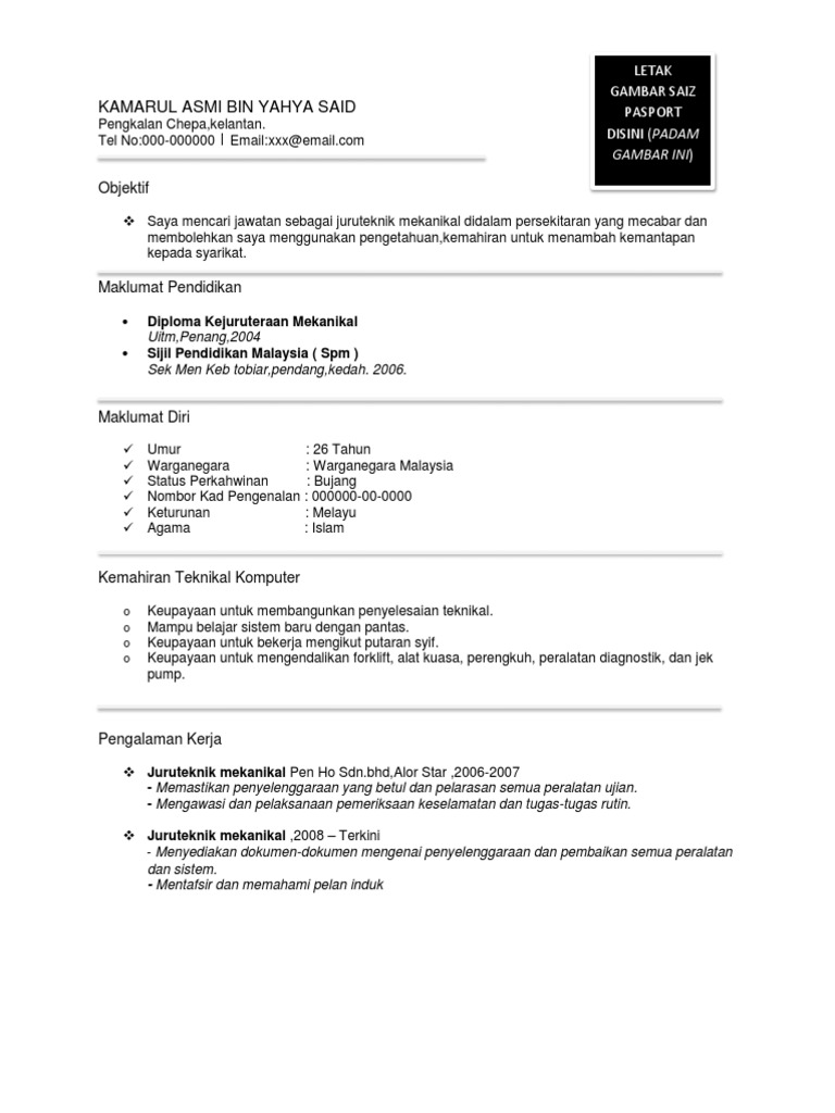 Contoh Resume Juruteknik Mekanikal Pdf