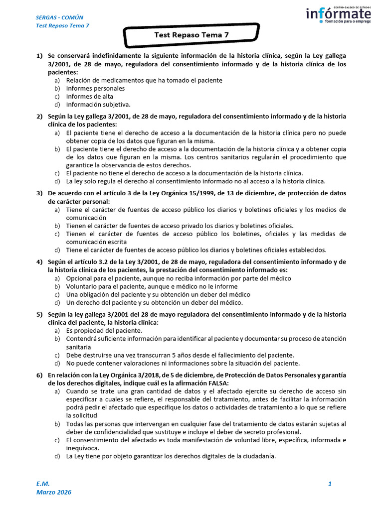 Test Tema 7 | PDF | Historial médico | Consentimiento informado