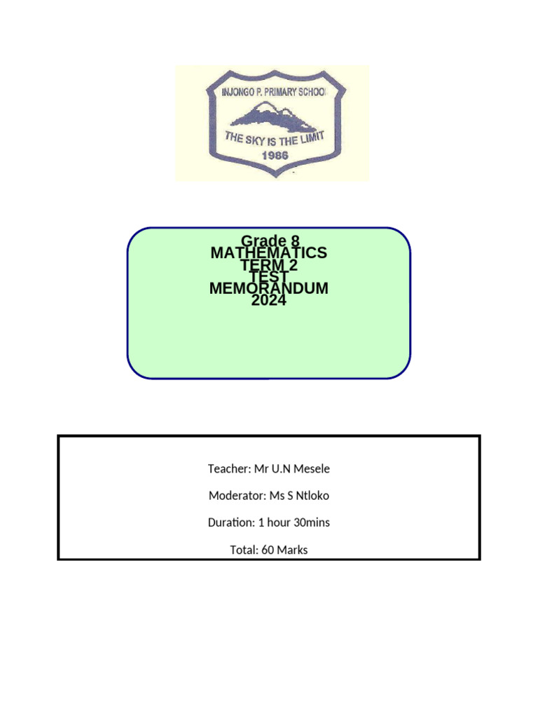 Grade 8 Mathematics MEMORANDUM Term 2 Test | PDF | Exponential Function ...