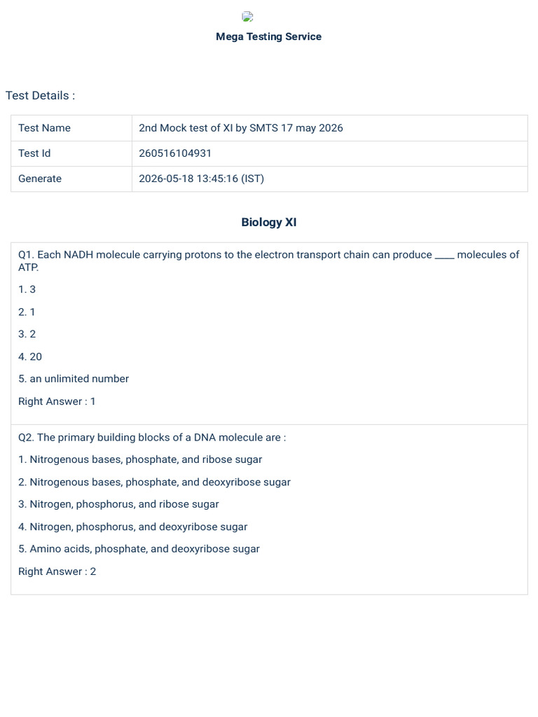 2nd Mega Test of XI Solved by SMTS | PDF | Cell (Biology) | Heart Valve