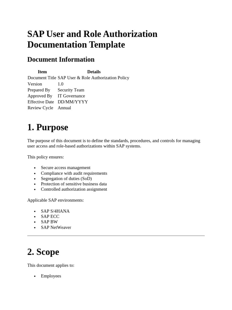 SAP User and Role Authorization Documentation Template | PDF ...