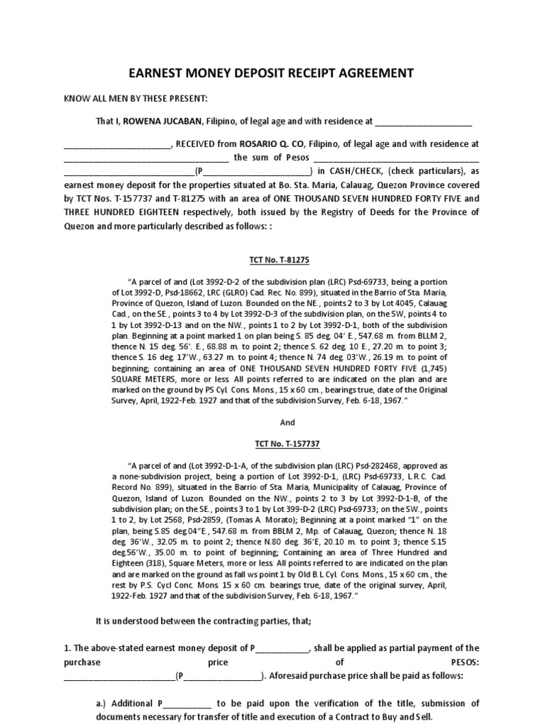 Earnest Money Deposit Receipt Agreement | Deed | Taxes