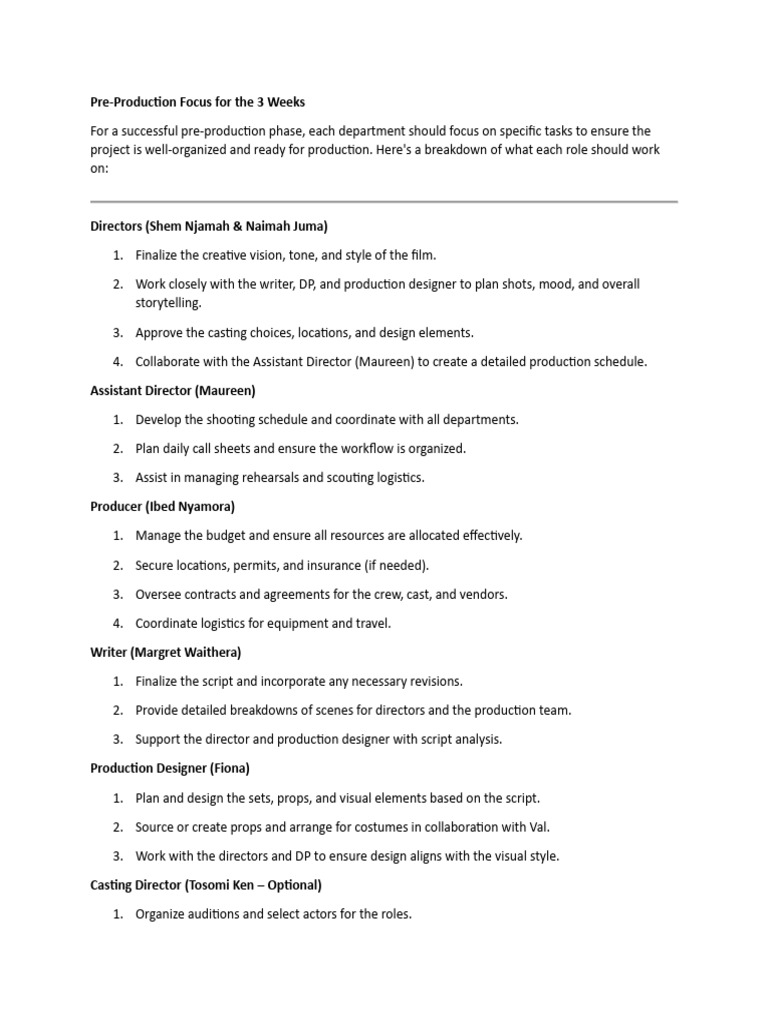 Pre Production Phase Each Depertments | PDF
