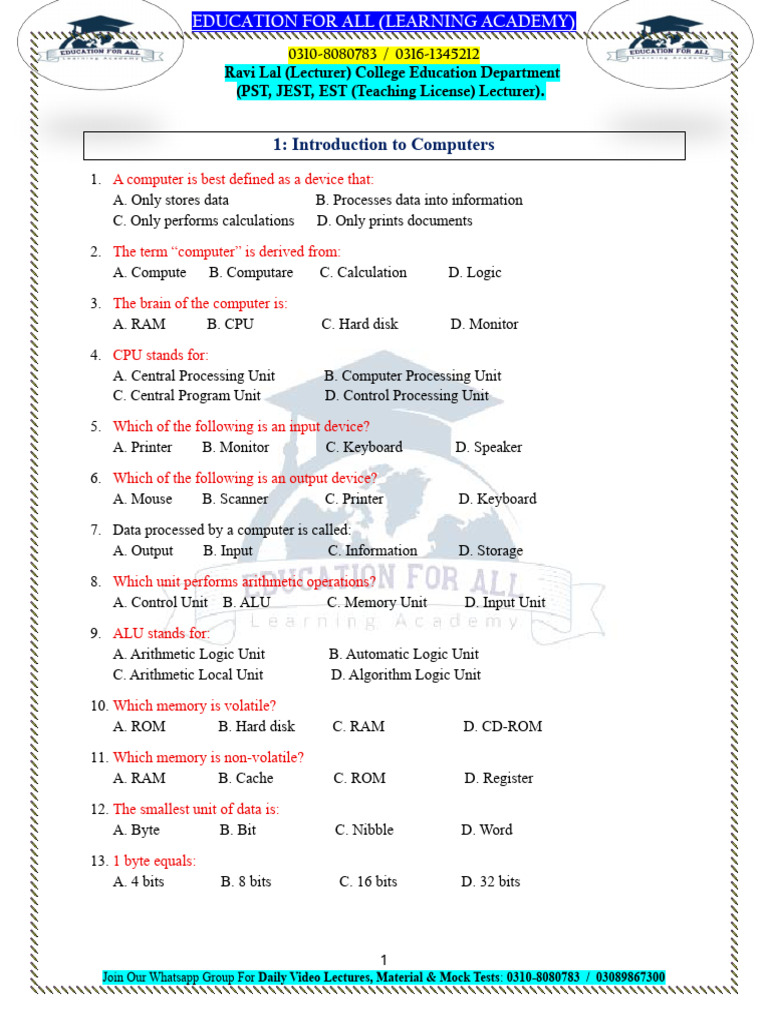 Computer Grand Mock Test According to Official Syllabus | PDF ...