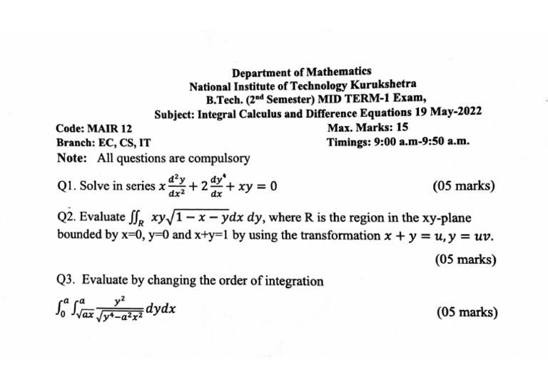 Mid Sem 1 Maths 2022 | PDF