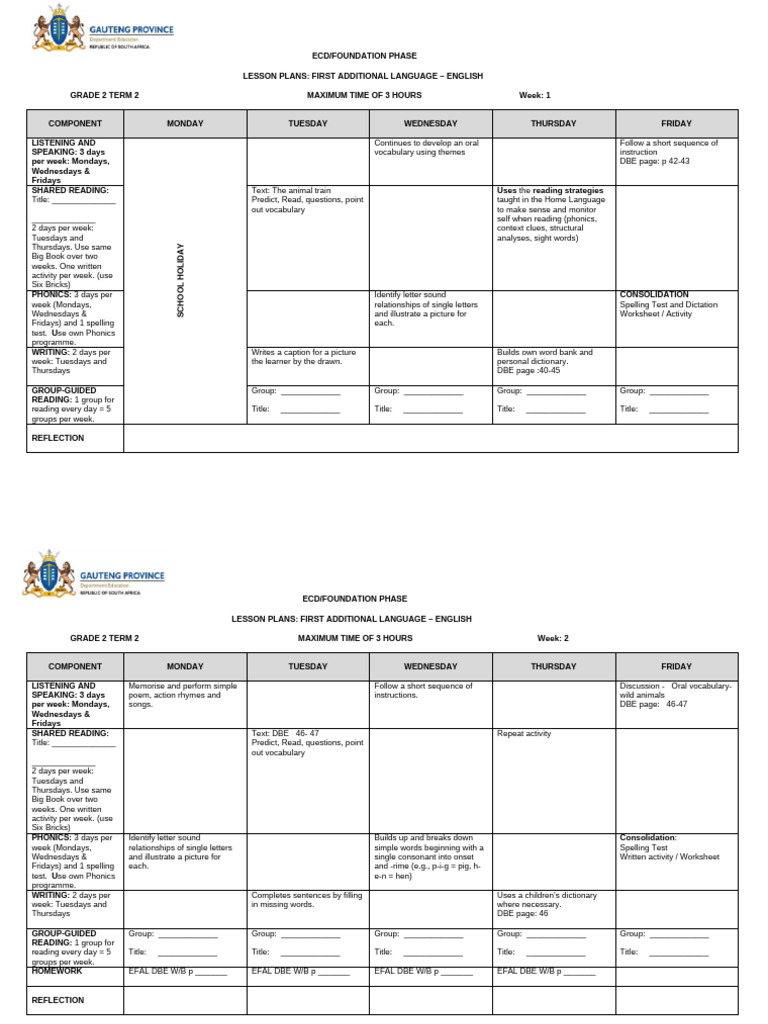 Lesson Plans EFAL Grade 2 Term 2 | PDF
