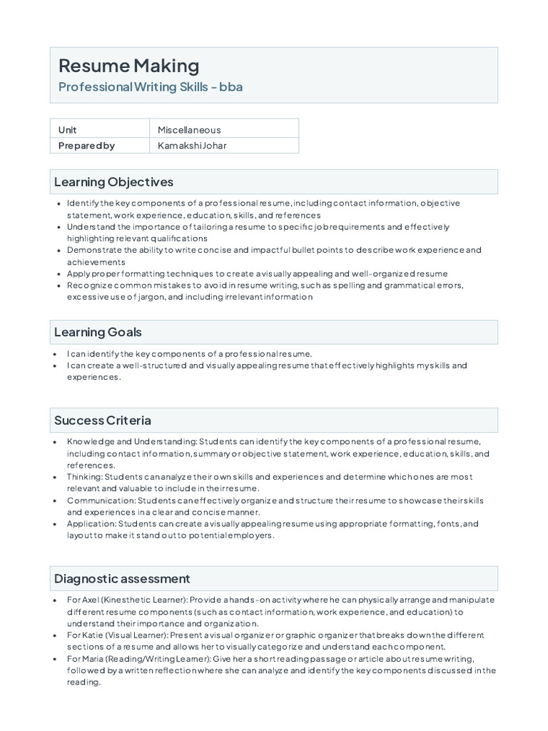 Resume Making Lesson Plan | PDF | Résumé | Learning