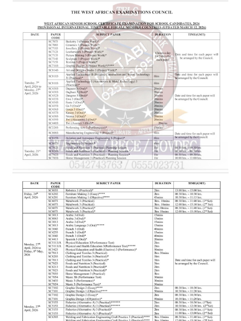 Wassce 2026 Timetable Confirmed - All Member Countries - GH - SL - NG ...